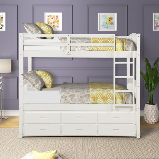 White Twin Over Twin Bunk Bed with Trundle and Drawers