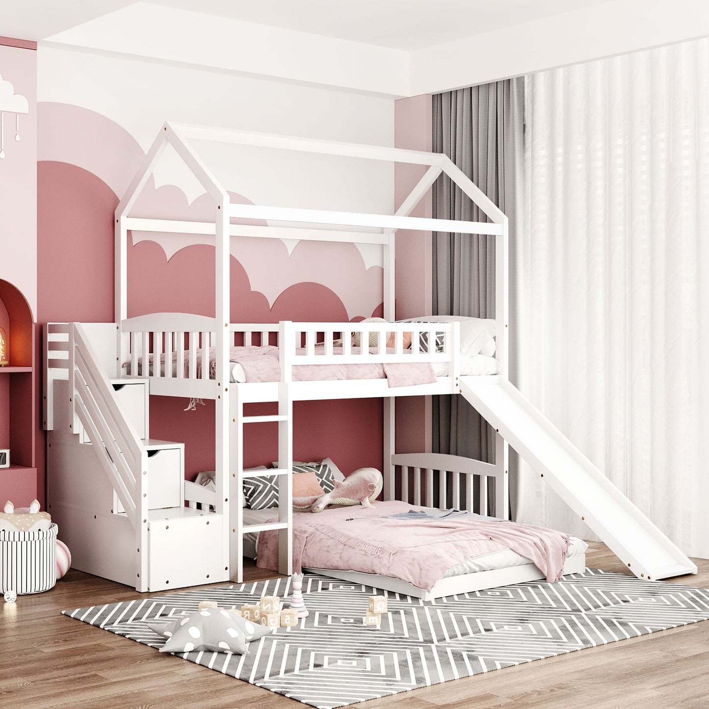 White Twin Over Twin PlayHouse Perpendicular Bunk Bed with Slide