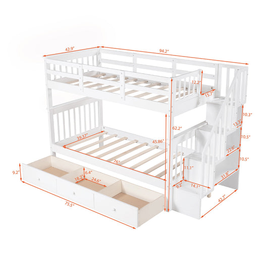 White Twin Over Twin Bunk Bed with Stairway and Drawers