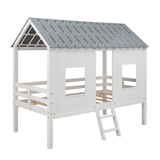 Playhouse with Windows and Roof White Twin Size Low Loft Bed