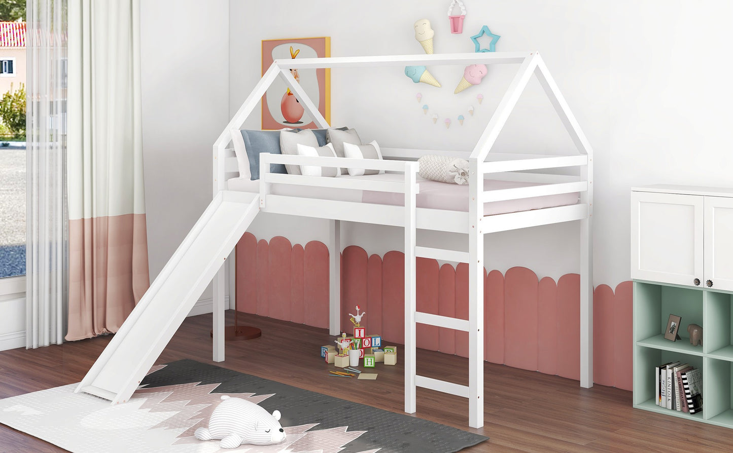 White Twin Size Slide House Loft Bed