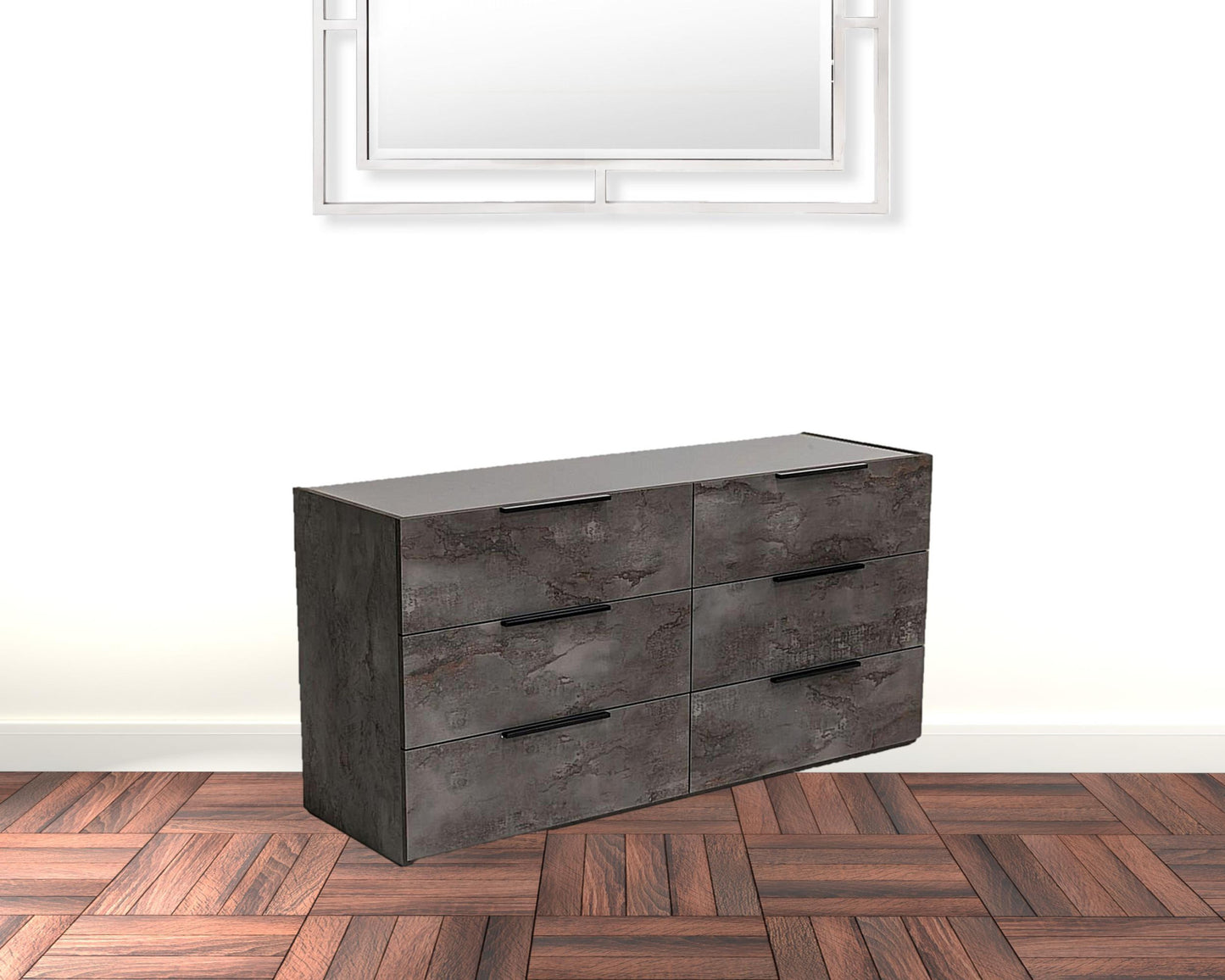 61" Grey Faux Marble Solid Manufactured Wood Six Drawer Double Dresser