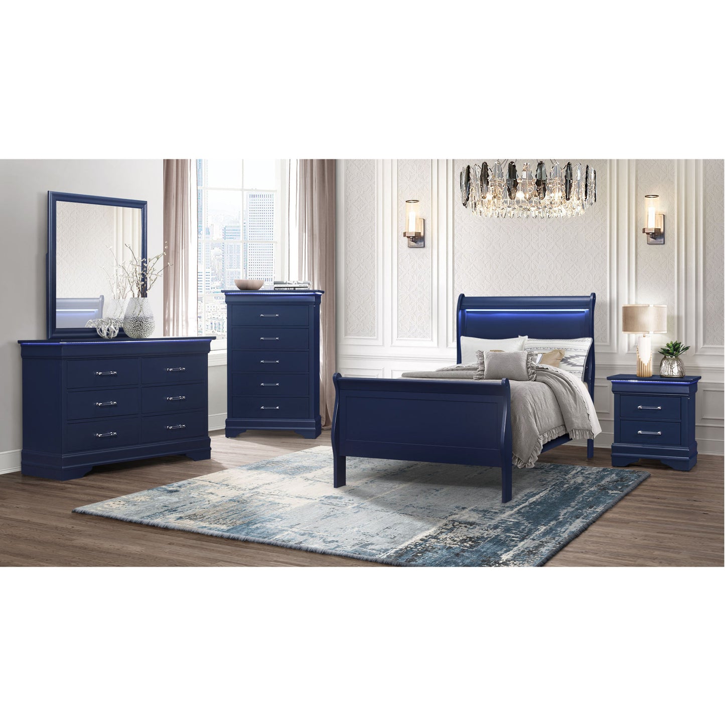 16" Blue Solid Wood Five Drawer Chest with LED Lighting