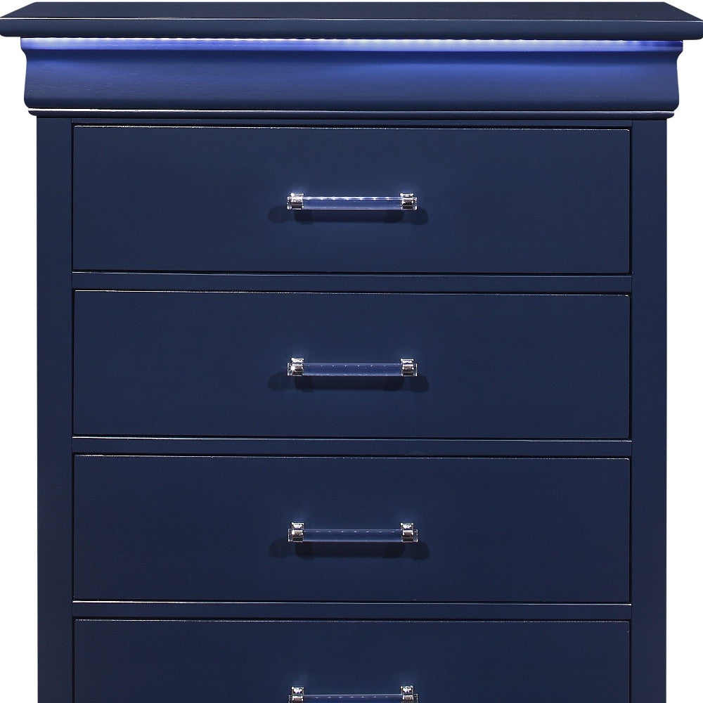 16" Blue Solid Wood Five Drawer Chest with LED Lighting