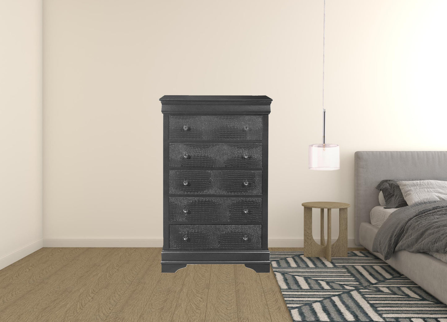 31" Metallic Grey Solid Wood Five Drawer Chest