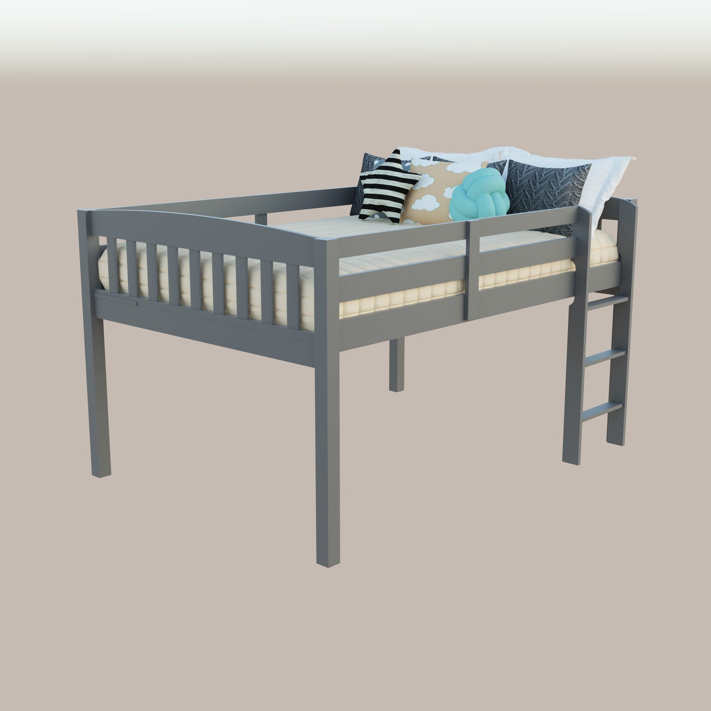 Gray Solid Wood Twin Size Low Loft Bed