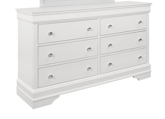 58" Metallic White Solid Wood Six Drawer Double Dresser