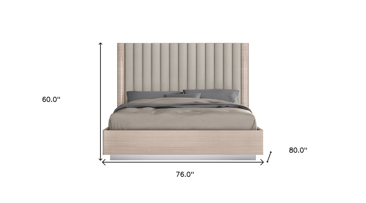 King Size High Gloss Beige Upholstered Channeled Headboard Bed Frame