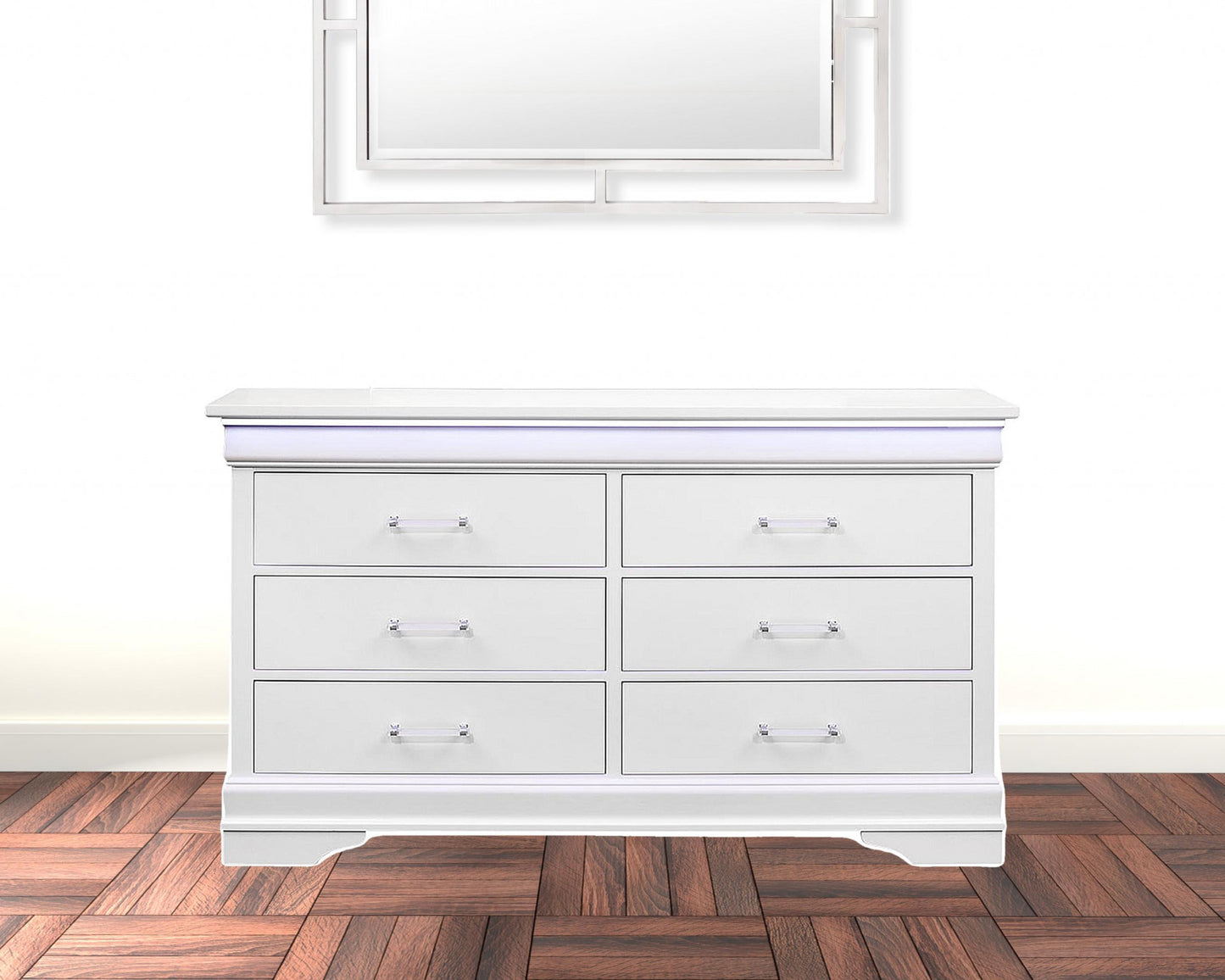 59" White Solid Wood Six Drawer Double Dresser with LED