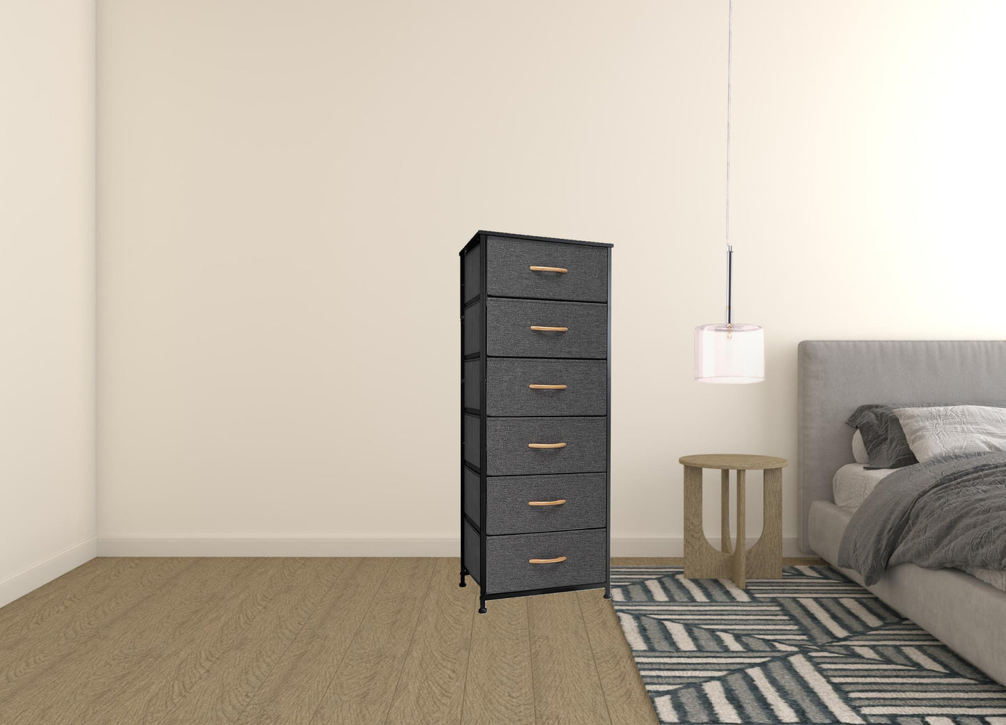 18" Gray and Black Steel and Fabric Six Drawer Chest