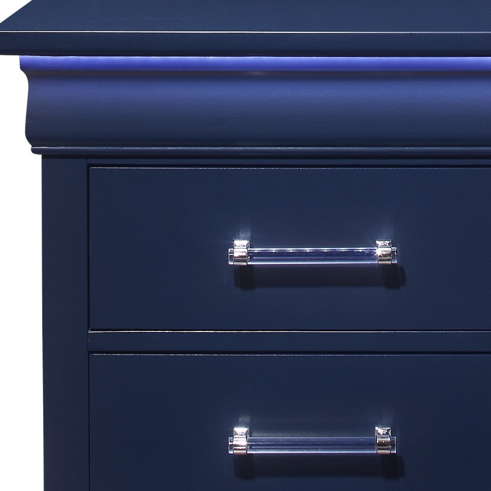 24" Blue Two Drawer Solid Wood Lighted Nightstand