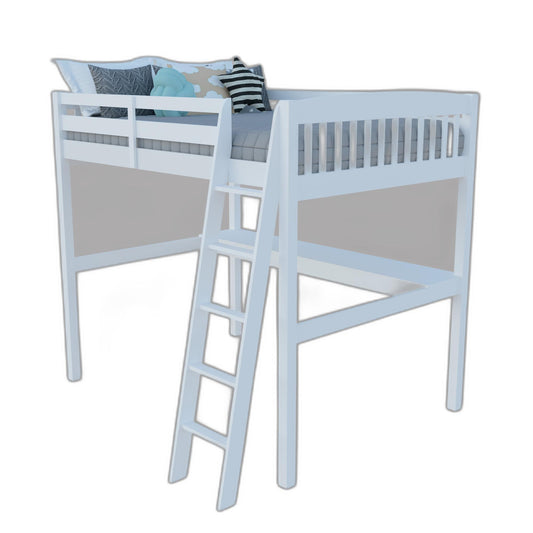 White Solid Wood Full Double Size Loft Bed with Desk and Storage