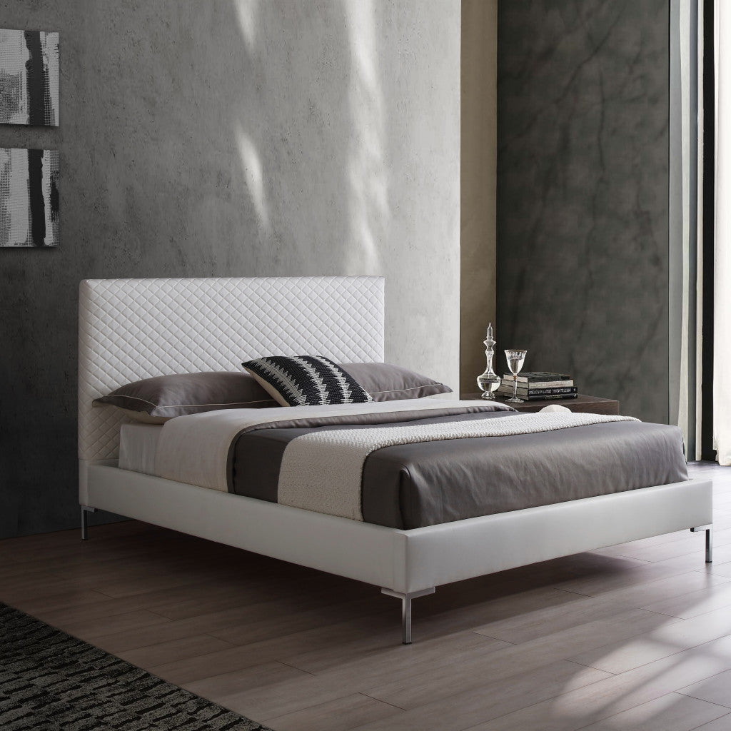 Queen Size White Upholstered Faux Leather Bed Frame