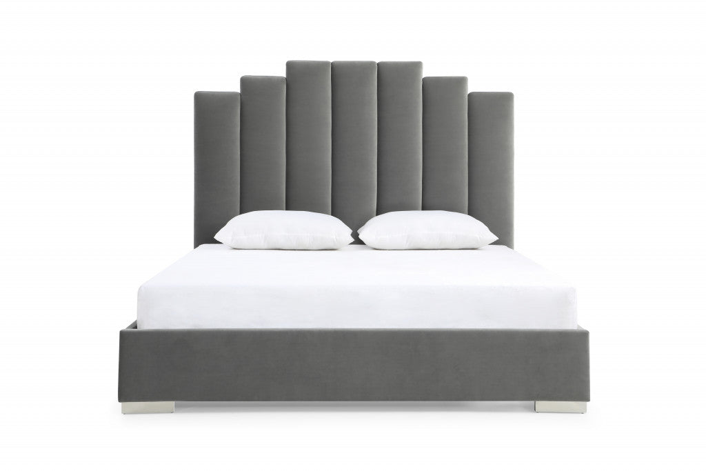 Queen Grey Upholstered Vertical Channel Velvet Bed with USB