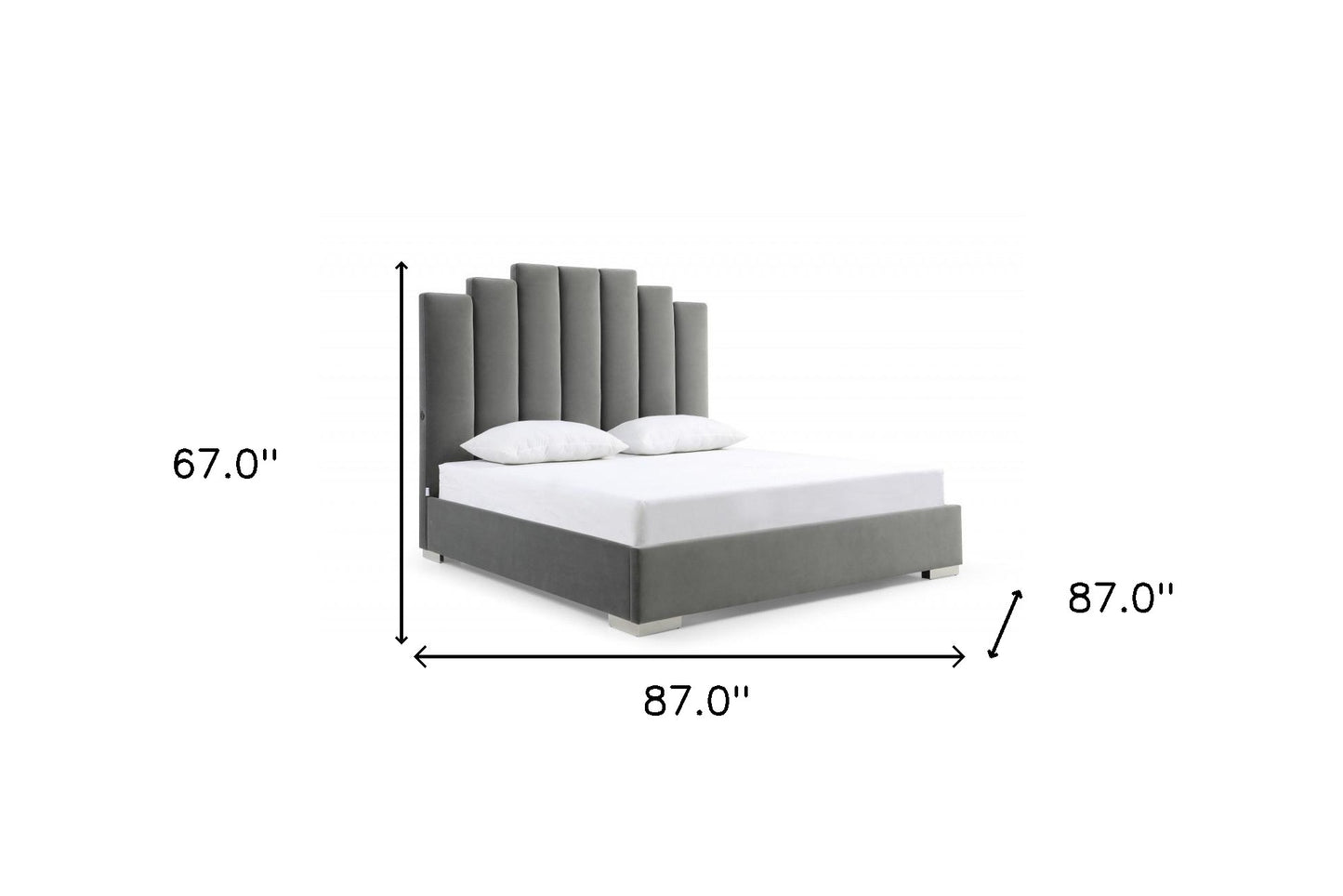 Queen Grey Upholstered Vertical Channel Velvet Bed with USB