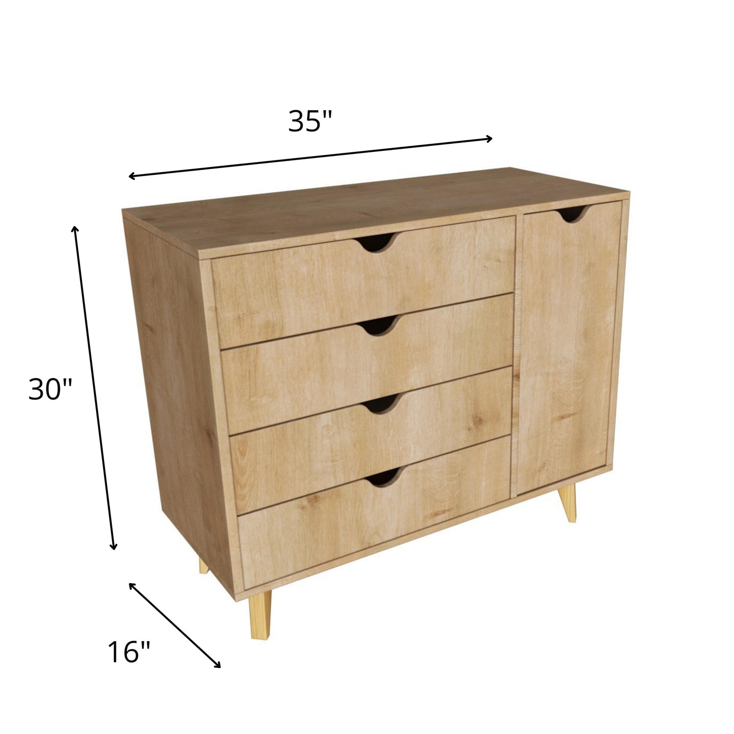 35" Natural Solid Wood Four Drawer Combo Dresser