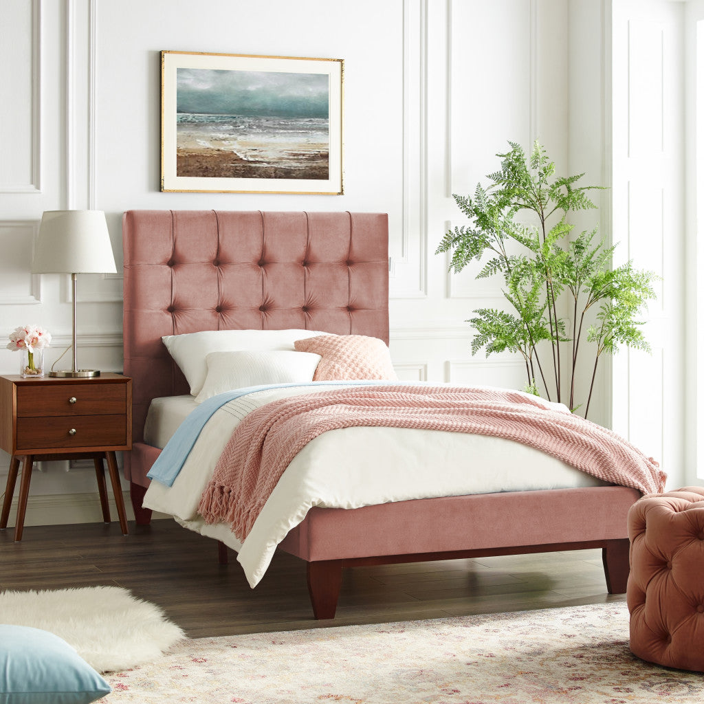 Blush Solid Wood Twin Tufted Upholstered Velvet Bed