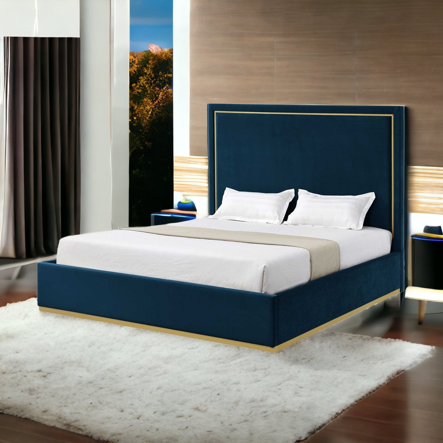 Navy Blue Solid Wood Queen Upholstered Velvet Bed