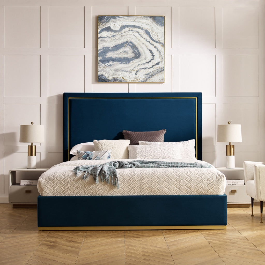 Navy Blue Solid Wood Queen Upholstered Velvet Bed