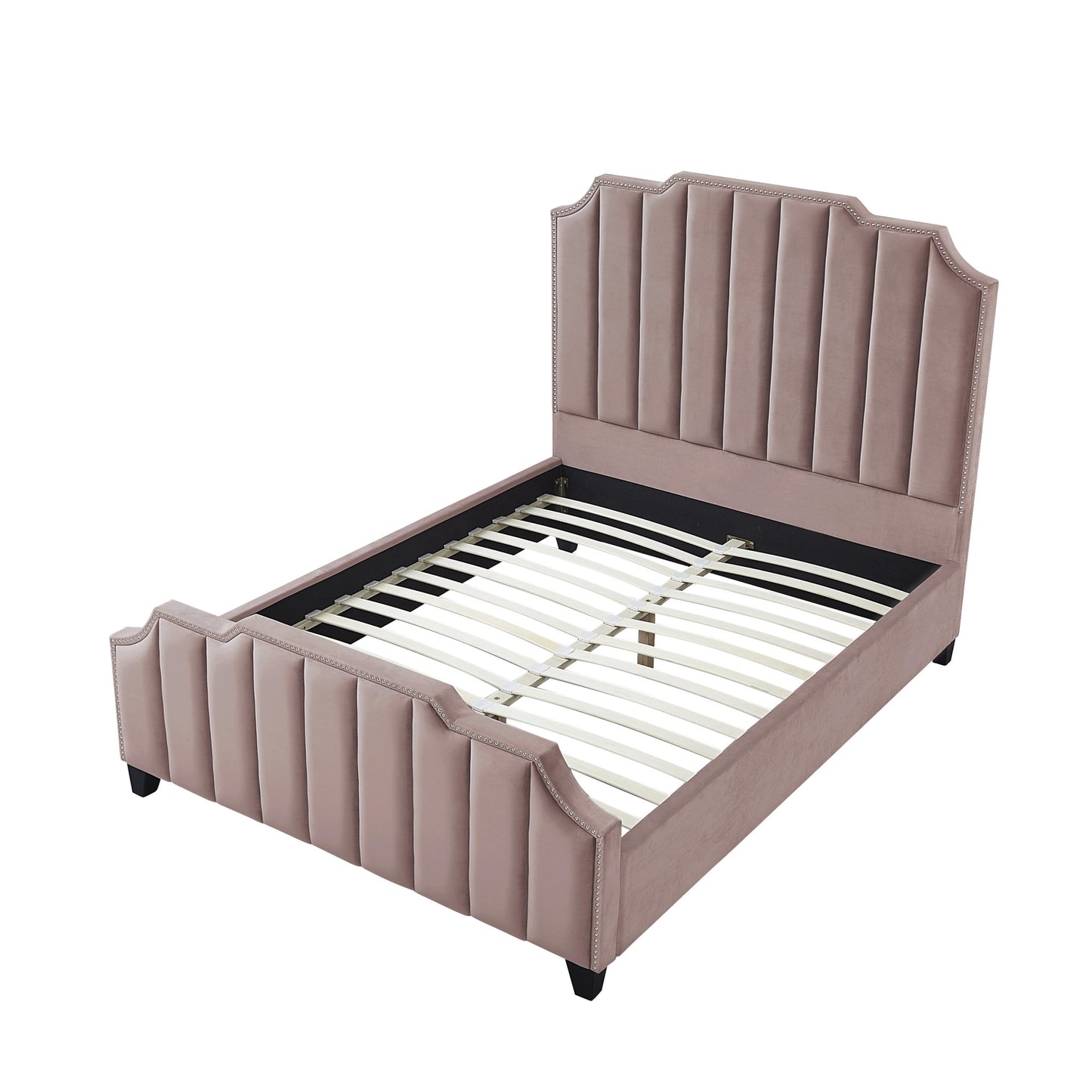 Pink Solid Wood King Tufted Upholstered Velvet Bed with Nailhead Trim