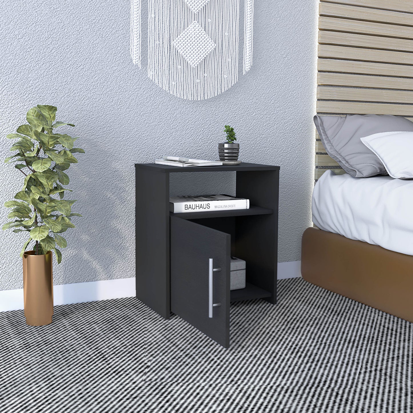 23" Black Faux Wood Nightstand With Storage