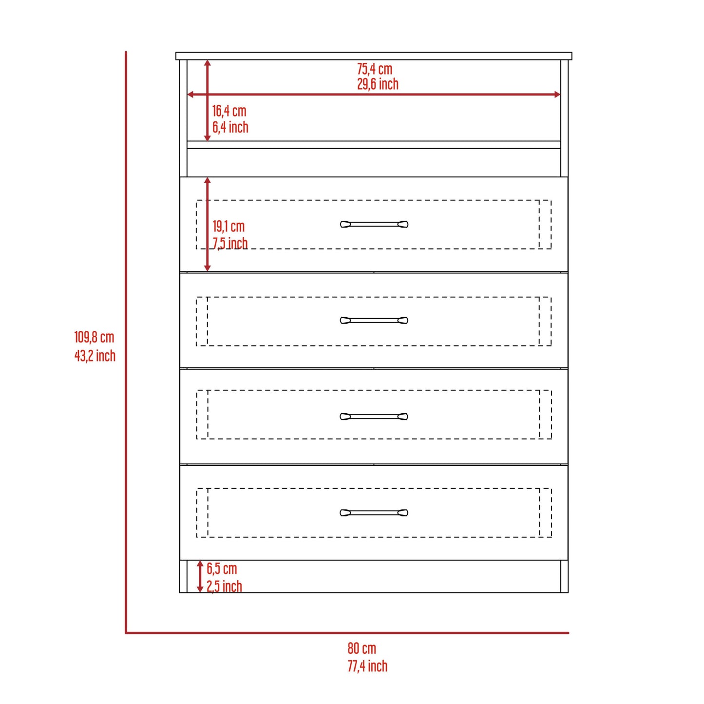 47" White Four Drawer Dresser