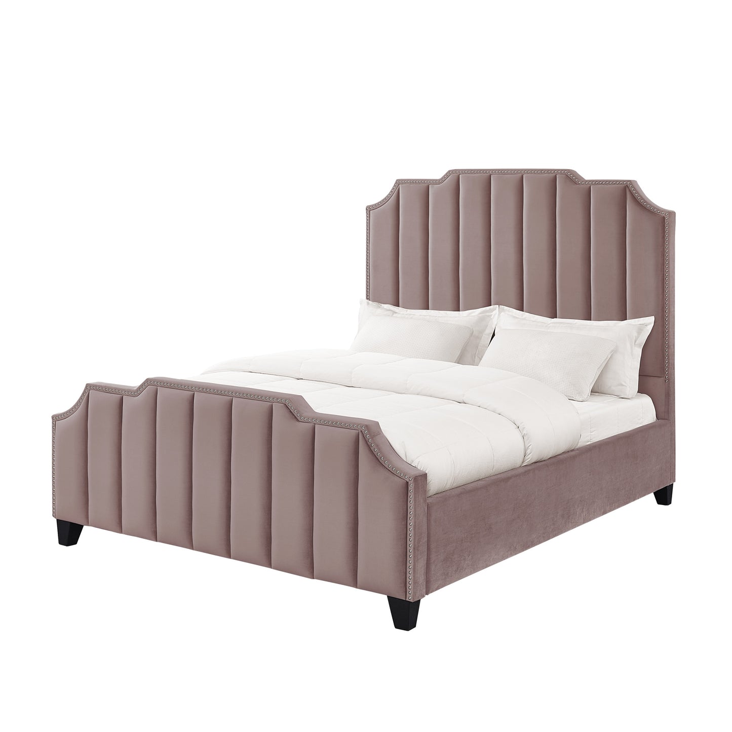 Pink Solid Wood Queen Tufted Upholstered Velvet Bed with Nailhead Trim