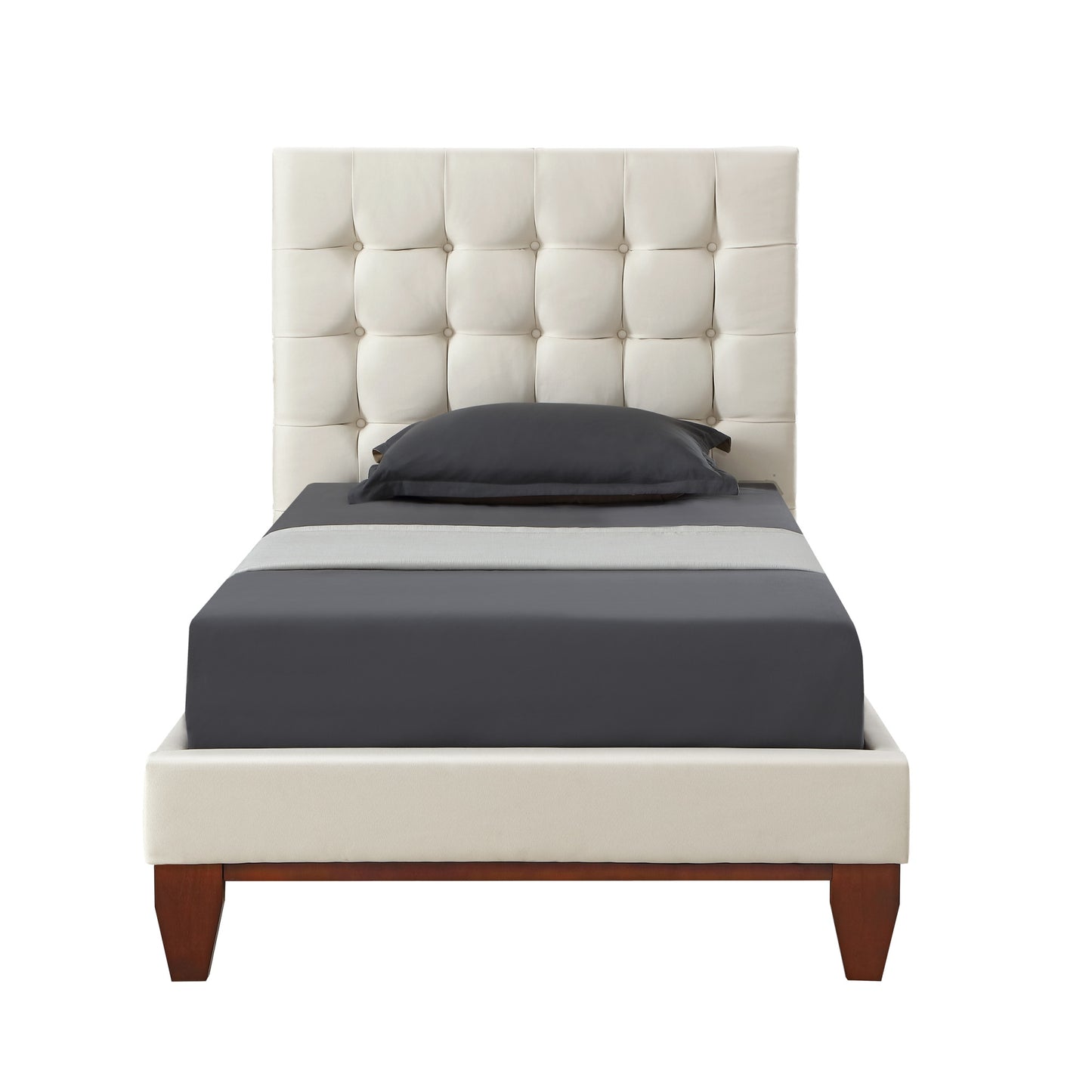 Beige Solid Wood Full Tufted Upholstered Linen Bed