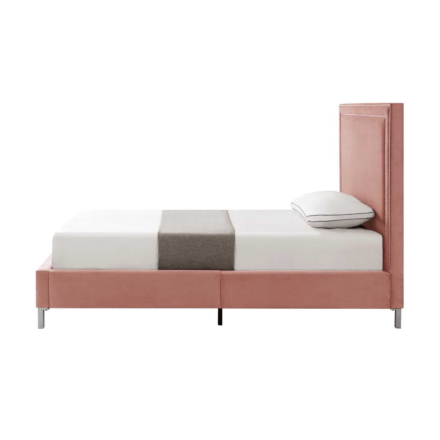 Blush Solid Wood Twin Upholstered Velvet Bed with Nailhead Trim