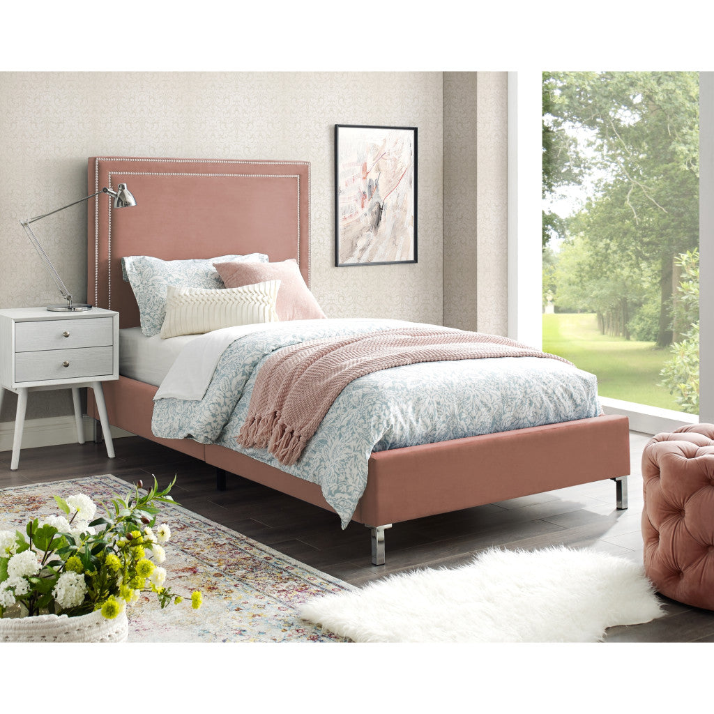 Blush Solid Wood Twin Upholstered Velvet Bed with Nailhead Trim