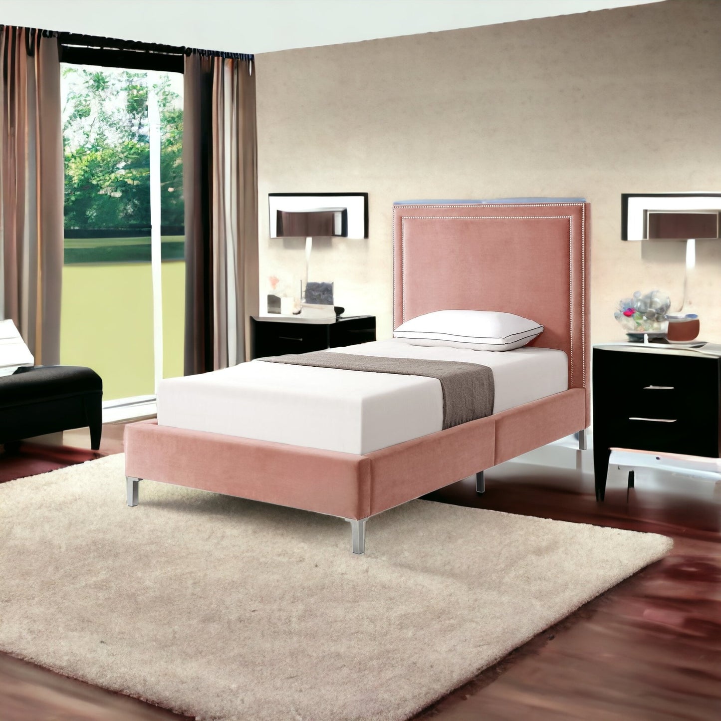 Blush Solid Wood Twin Upholstered Velvet Bed with Nailhead Trim