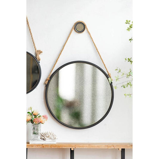 30" Black Fame Round Wall Hanging Accent Mirror with Rope