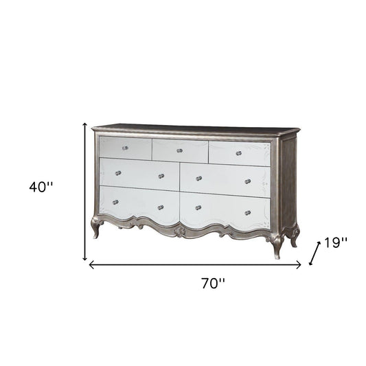 70" Champagne Solid and Manufactured Wood Mirrored Seven Drawer Triple Dresser