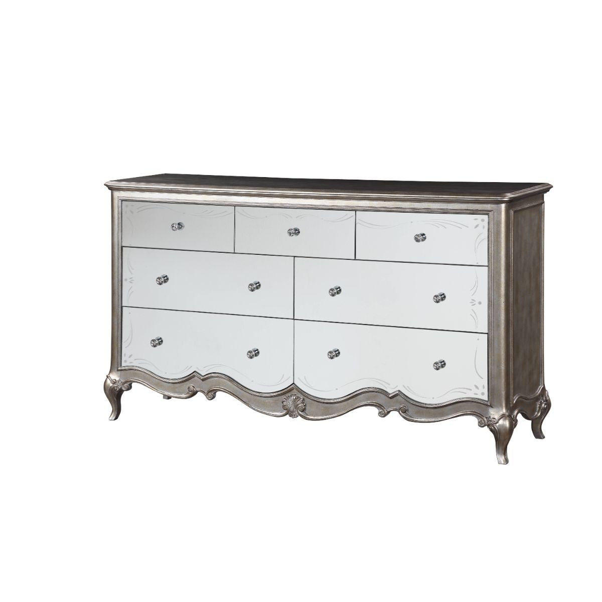 70" Champagne Solid and Manufactured Wood Mirrored Seven Drawer Triple Dresser