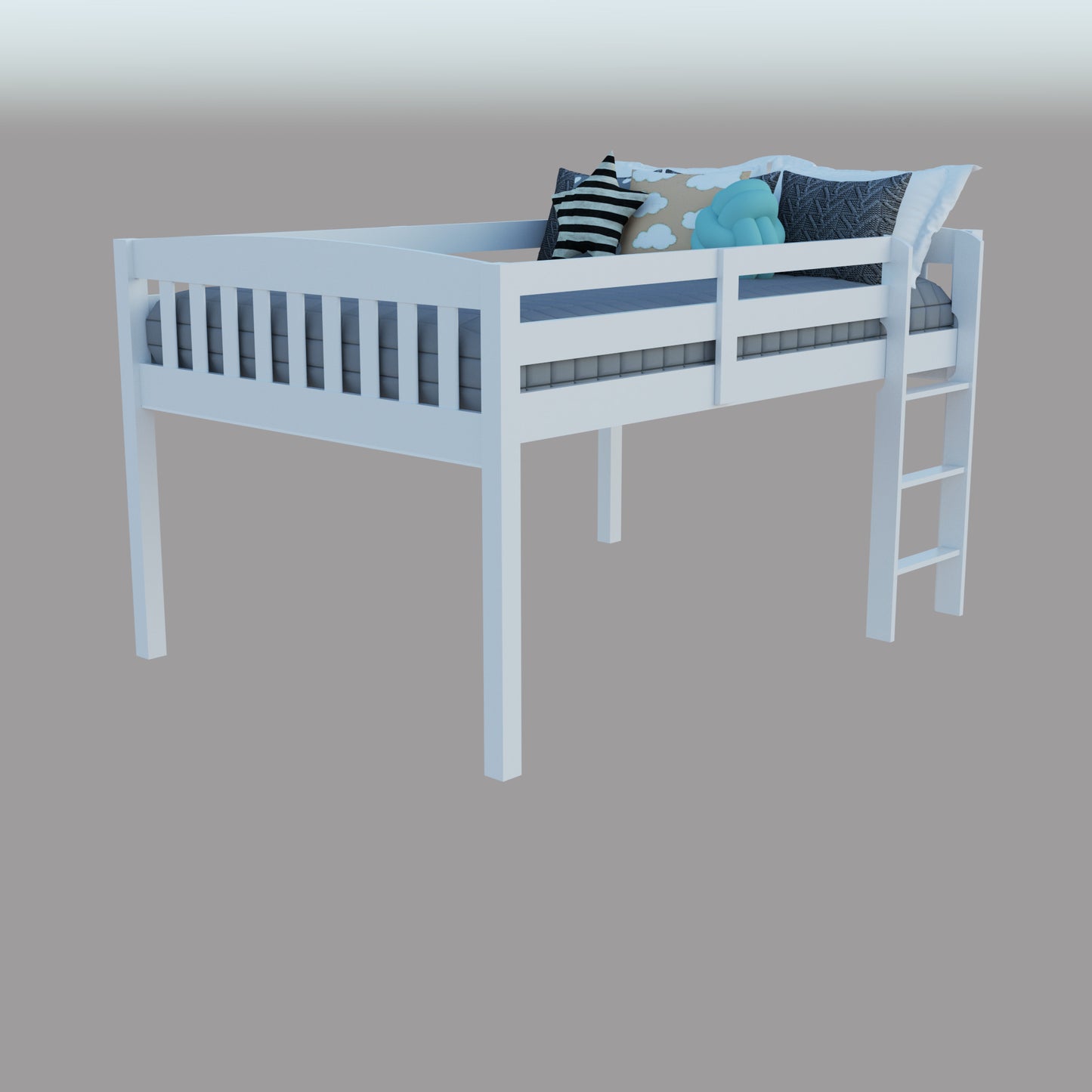 White Solid Wood Full Double Size Low Loft Bed