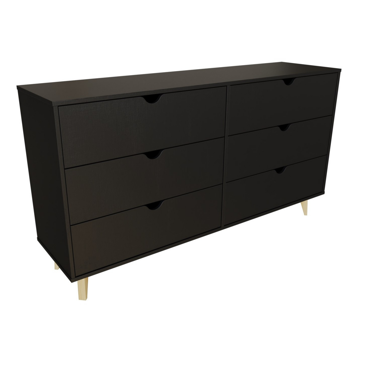 59" Black Scoop Handle Six Drawer Double Dresser