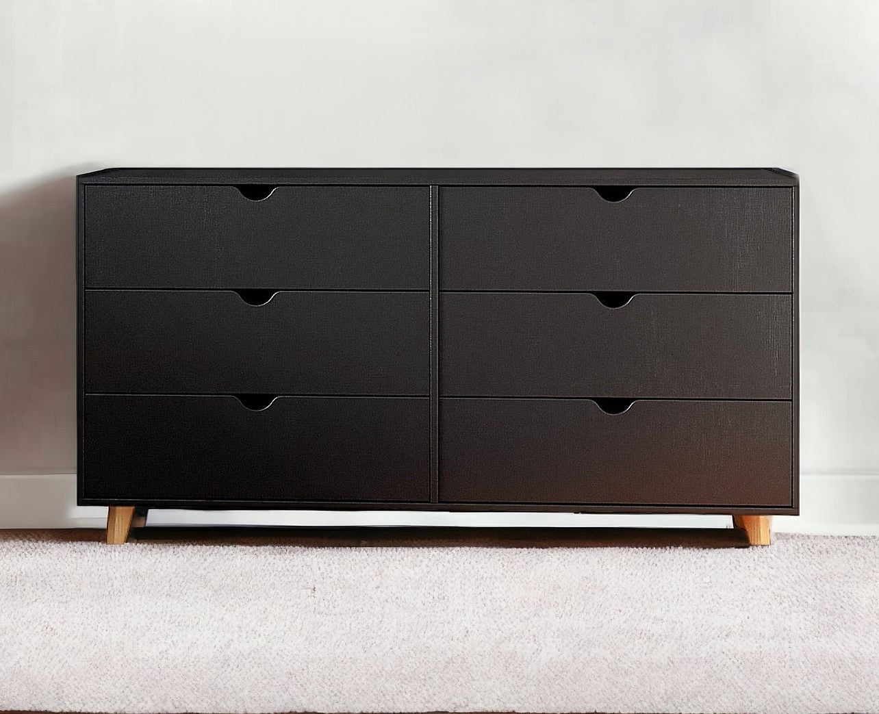 59" Black Scoop Handle Six Drawer Double Dresser