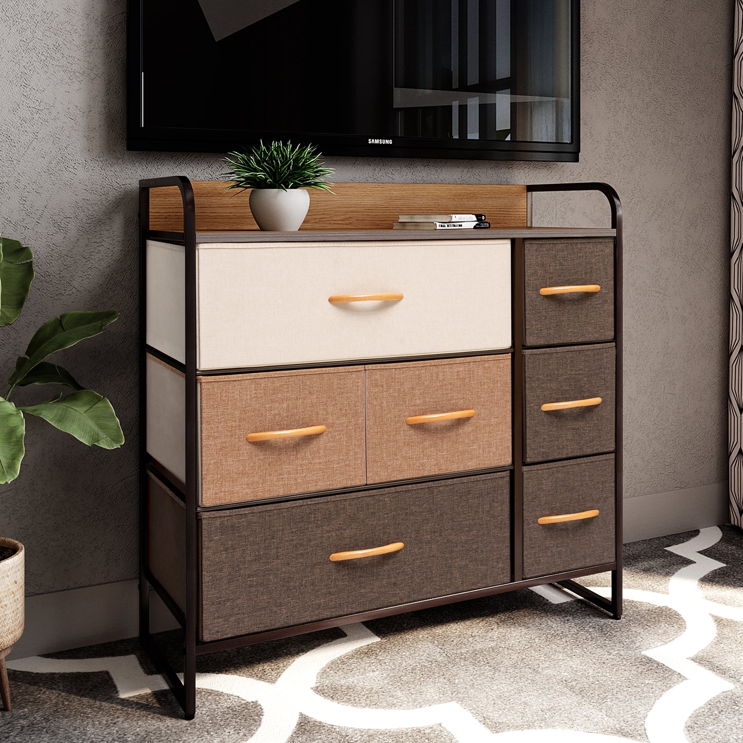 32" Brown Steel and Fabric Seven Drawer Dresser