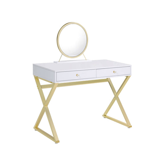 31" White & Gold Finish Round Dresser Mirror