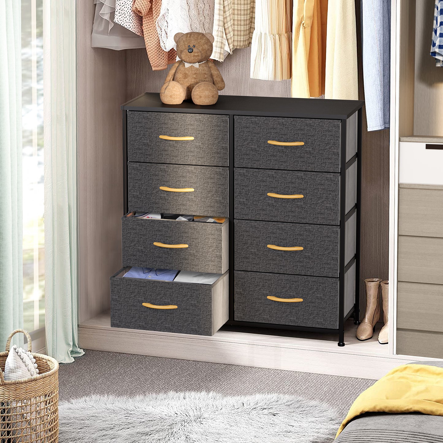 32" Gray and Black Steel and Fabric Eight Drawer Chest