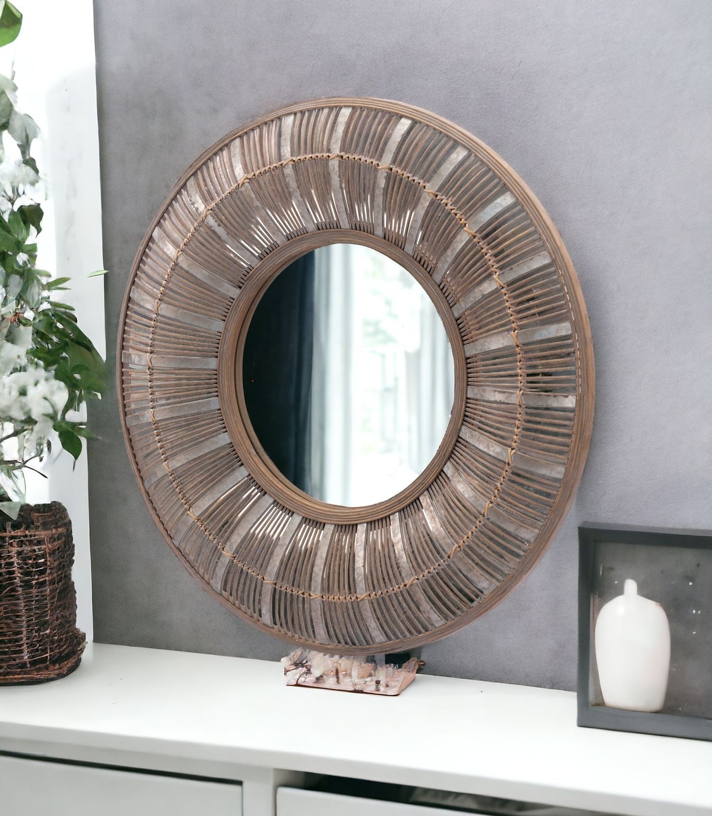 32" Brown Round Accent Mirror