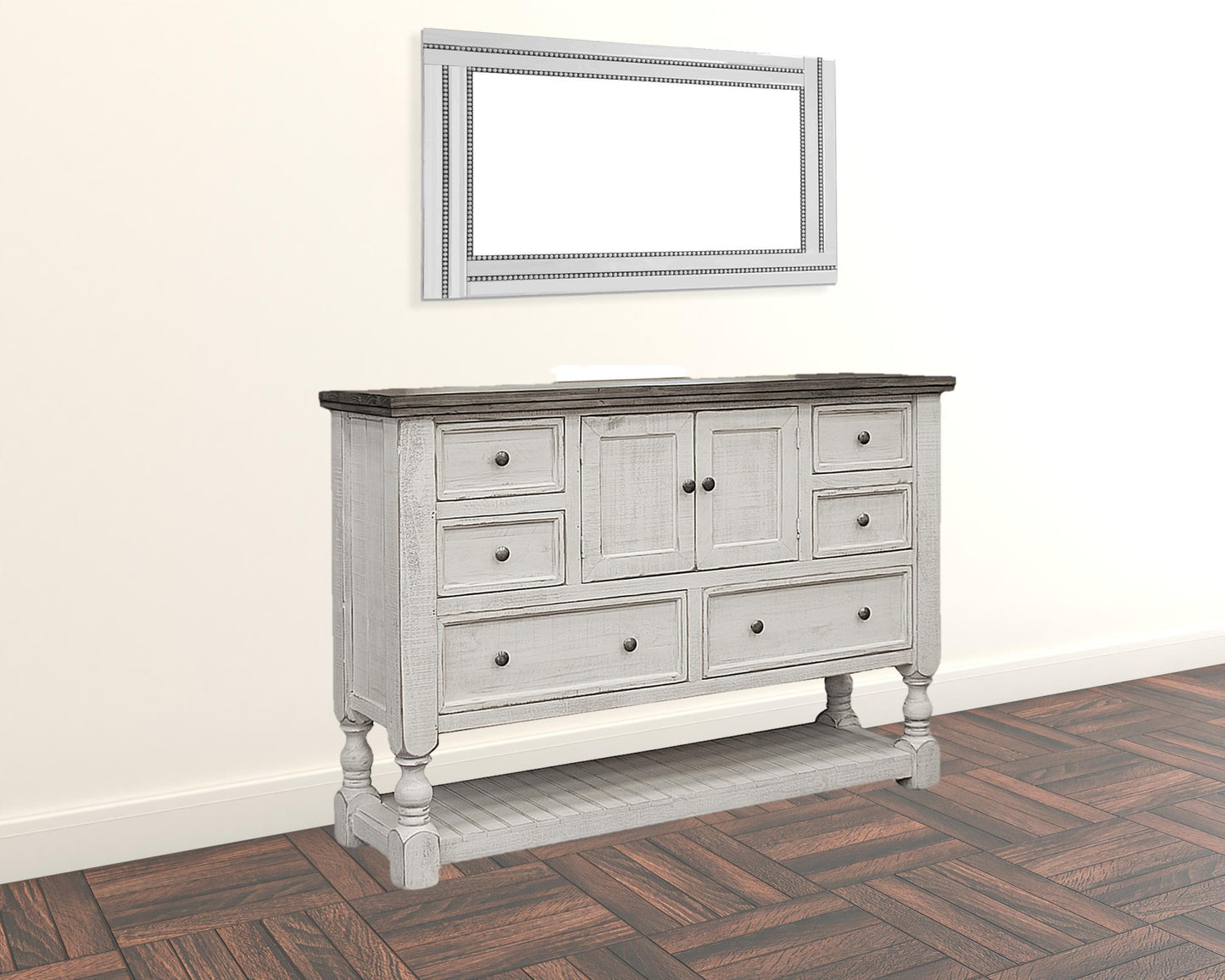 62" Gray and Ivory Solid Wood Six Drawer Triple Dresser