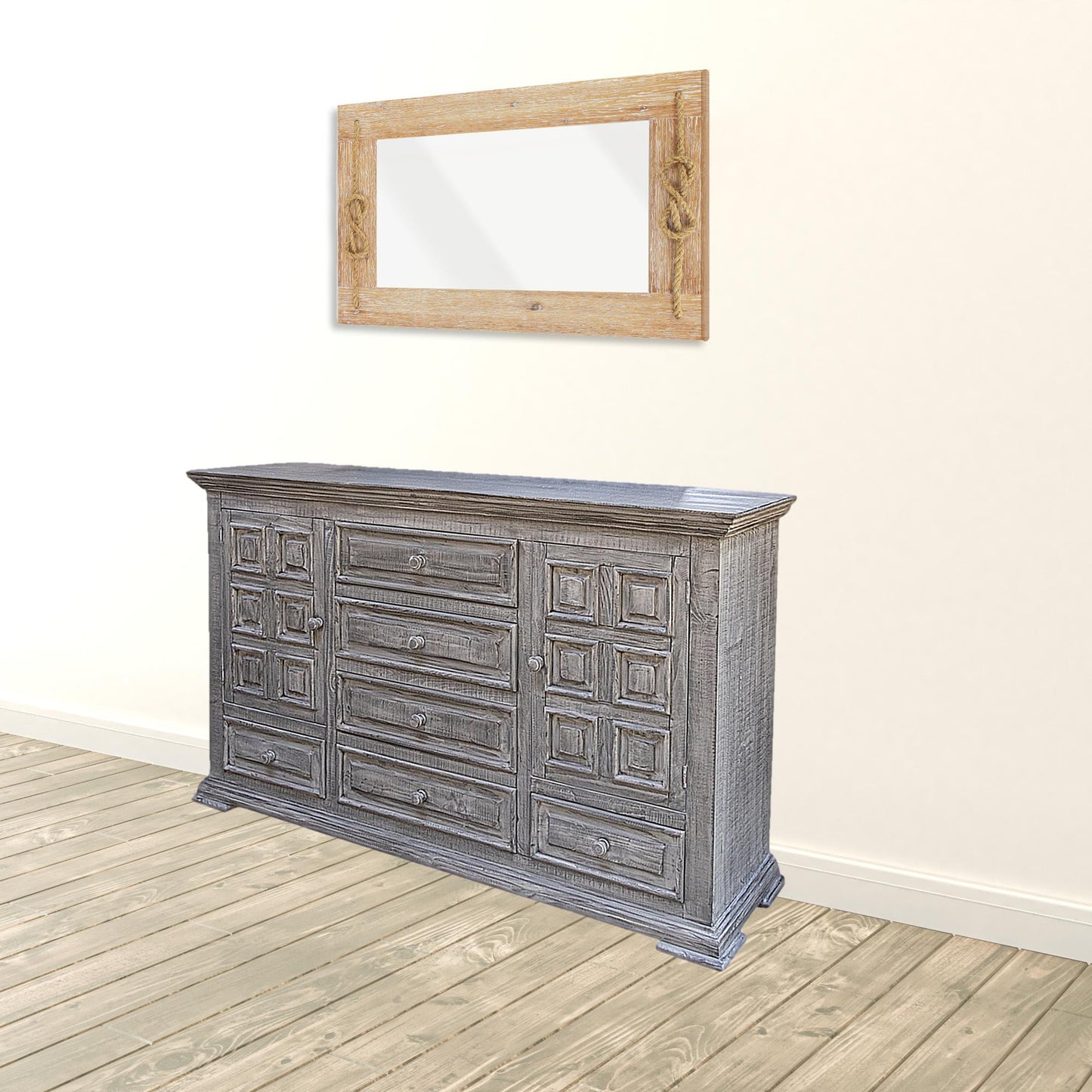 69" Gray Solid Wood Six Drawer Triple Dresser