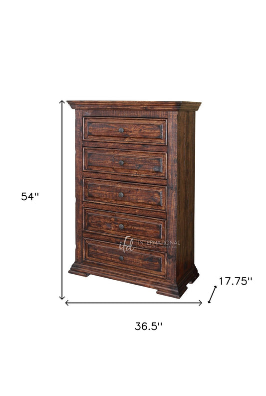 37" Chocolate Solid Wood Five Drawer Chest