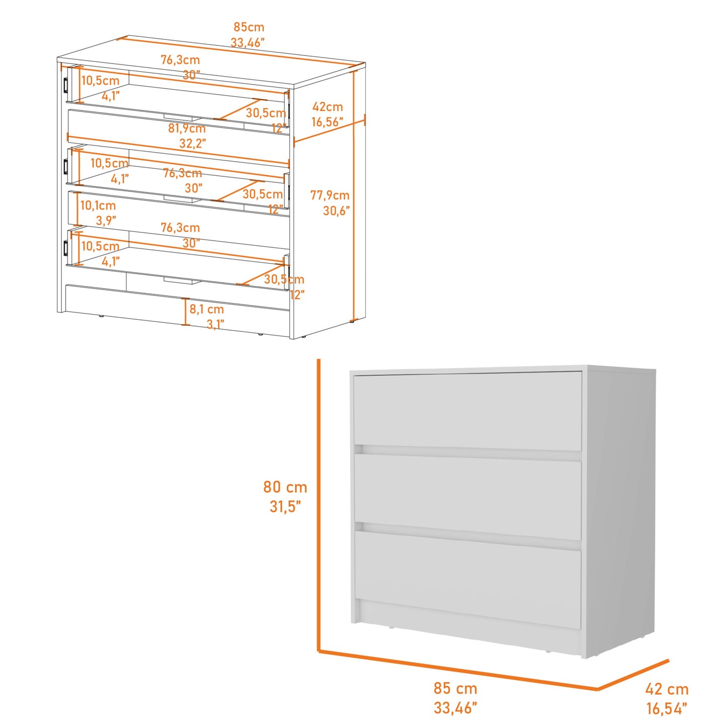 33" White Manufactured Wood Three Drawer No Handles Dresser