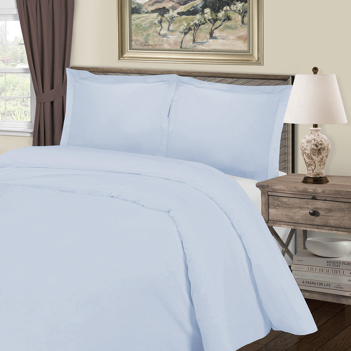 Light Blue Queen Cotton Blend 1000 Thread Count Washable Duvet Cover Set