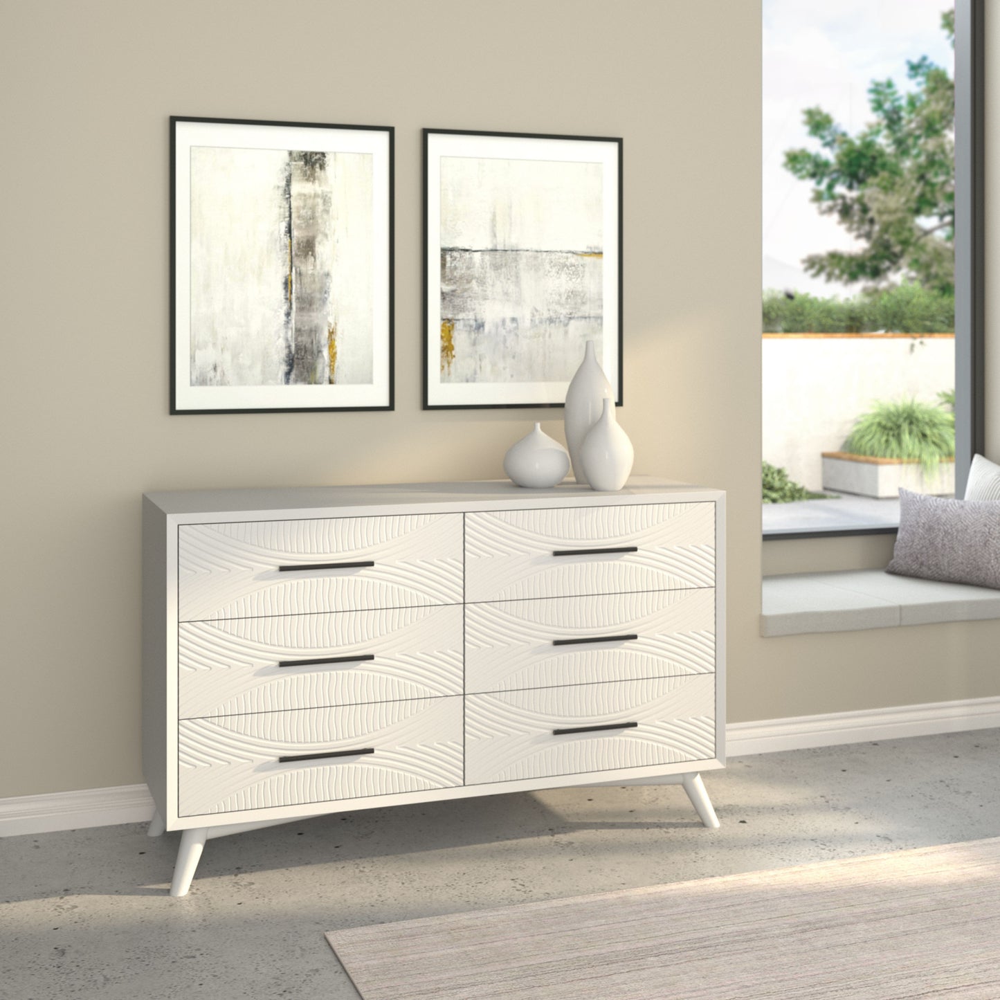 56" White Solid Wood Six Drawer Double Dresser