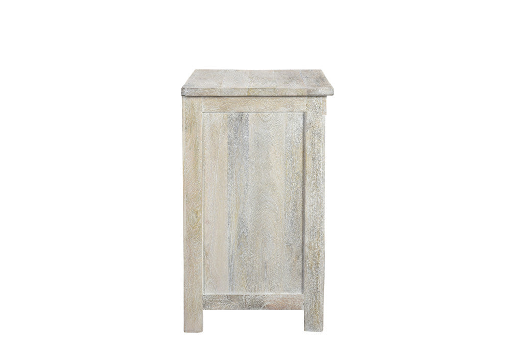 30" Distressed White Three Drawer Geometric Pattern Solid Wood Nightstand