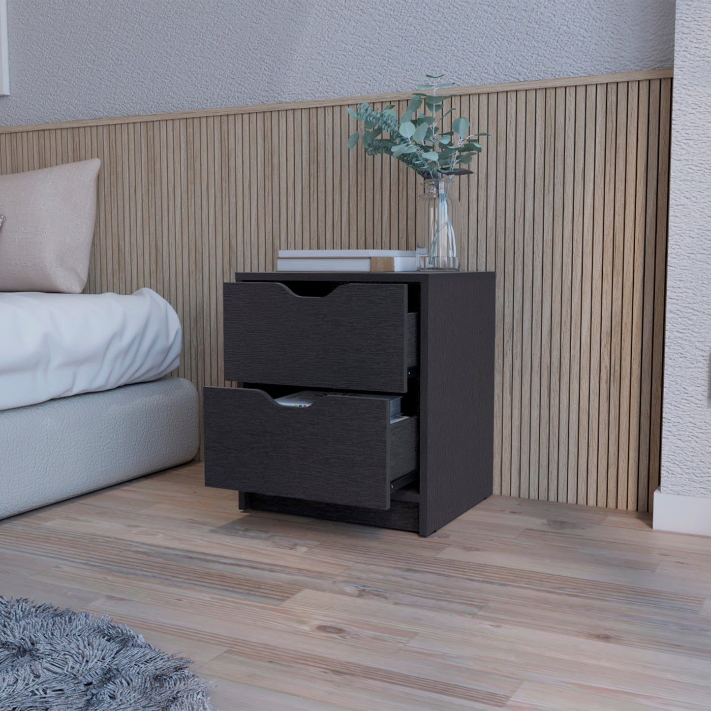 19" Black Two Drawer Nightstand With Integrated Tech