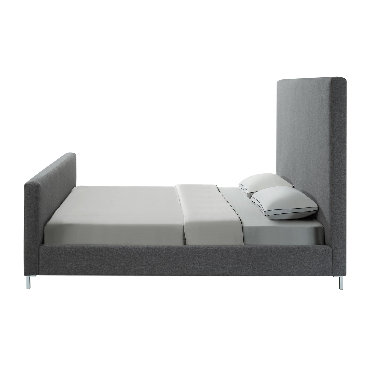 Gray Solid Wood Queen Upholstered Linen Bed